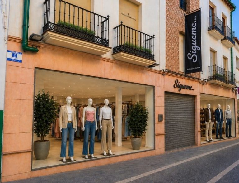 Fachada exterior de la tienda de ropa Lola Ruiz con escaparates iluminados y maniquíes vistiendo la nueva colección.